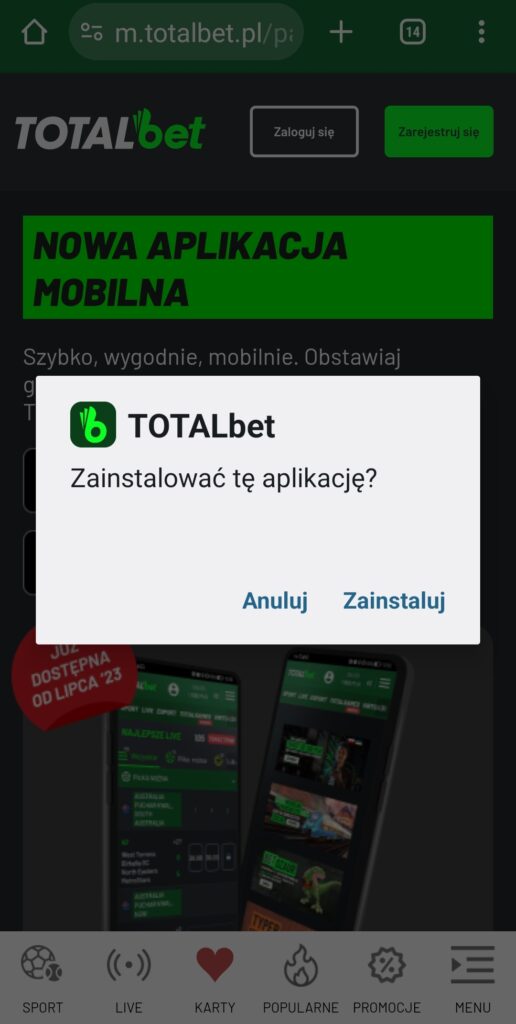 instalacja aplikacji Totalbet na Android