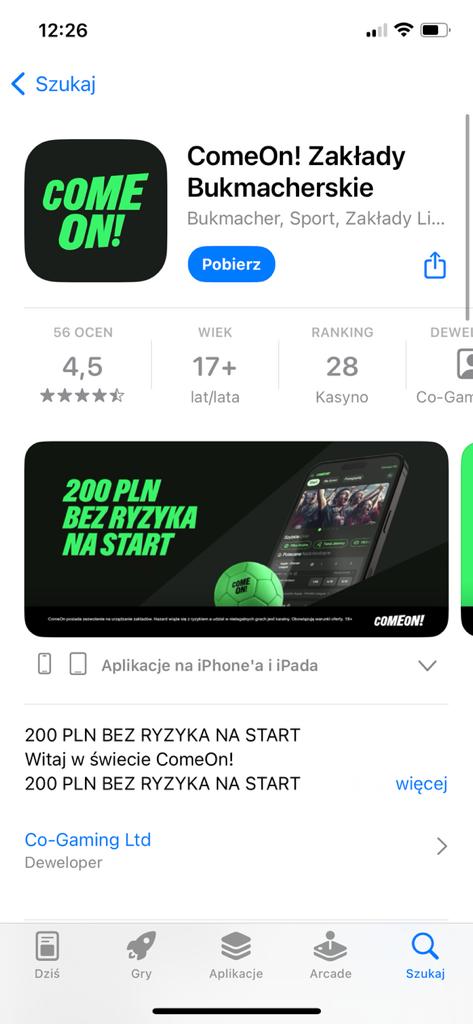 ComeOn aplikacja iOS